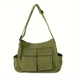 NWT Vadoo, Large Olive Green Shoulder Canvas Bag with zipper top. Side pockets